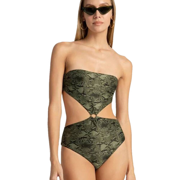 NEW TOUCHÉ Womens Trinkini Swimsuit One Piece Green Animal Print Cut Out Size M - Picture 1 of 15